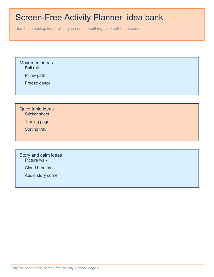 Screen-Free Activity Planner — actual PDF page 2 of 2